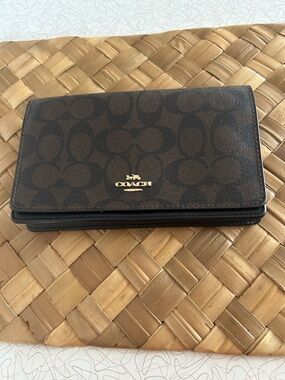 Coach Brown Signature Fold Wallet with Gold Logo Accent Crossbody Clutch